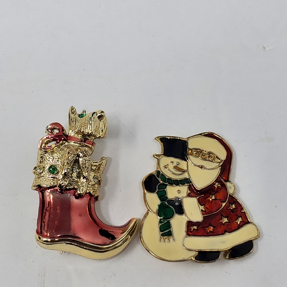 Vintage Gold Tone Christmas stocking/ yorkie dog snowman with santa brooch